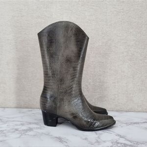 Andrew Geller Vintage Gray Lizard Embossed Heeled Rubber Rain Boots